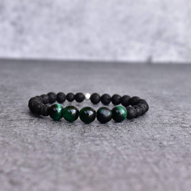 Natürliches Grünes Tigerauge Und Lava Perlen Armband Diffuser Handgemachtes Armband Dehnbare Perlenarmbänder Zwei Stein Geschenk Für Männer von KeetaLuxury
