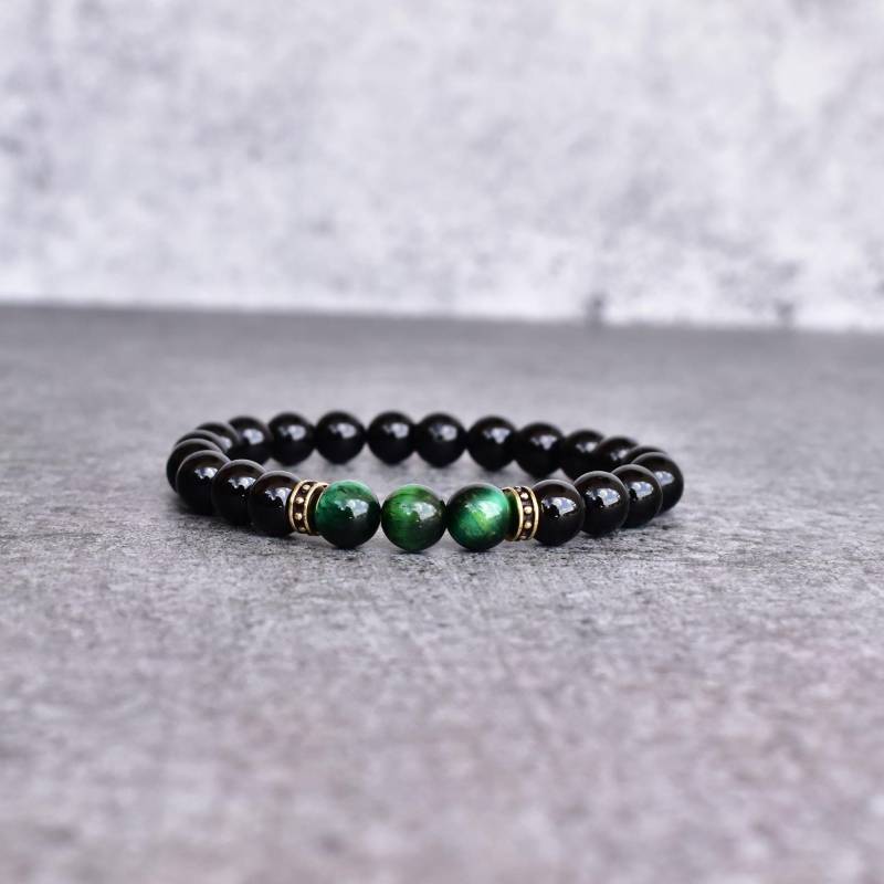 Natürliches Grünes Tigerauge Und Onyx Perlen Armband Handgemachte Edelstein Armbänder Für Männer Zwei-stein-Armband Einzigartige Geschenke Ihn von KeetaLuxury