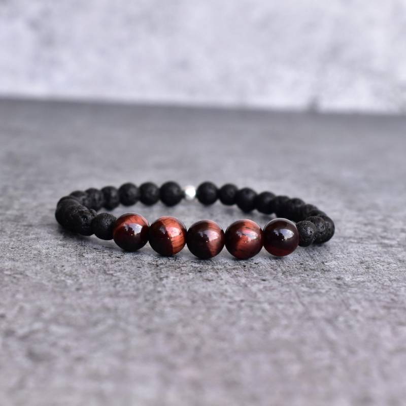 Natürliches Rotes Tigerauge Und Lava Perlenarmband Diffuser Armband Für Herren Dehnbares Handgemachtes Modearmbänder Ihn von KeetaLuxury