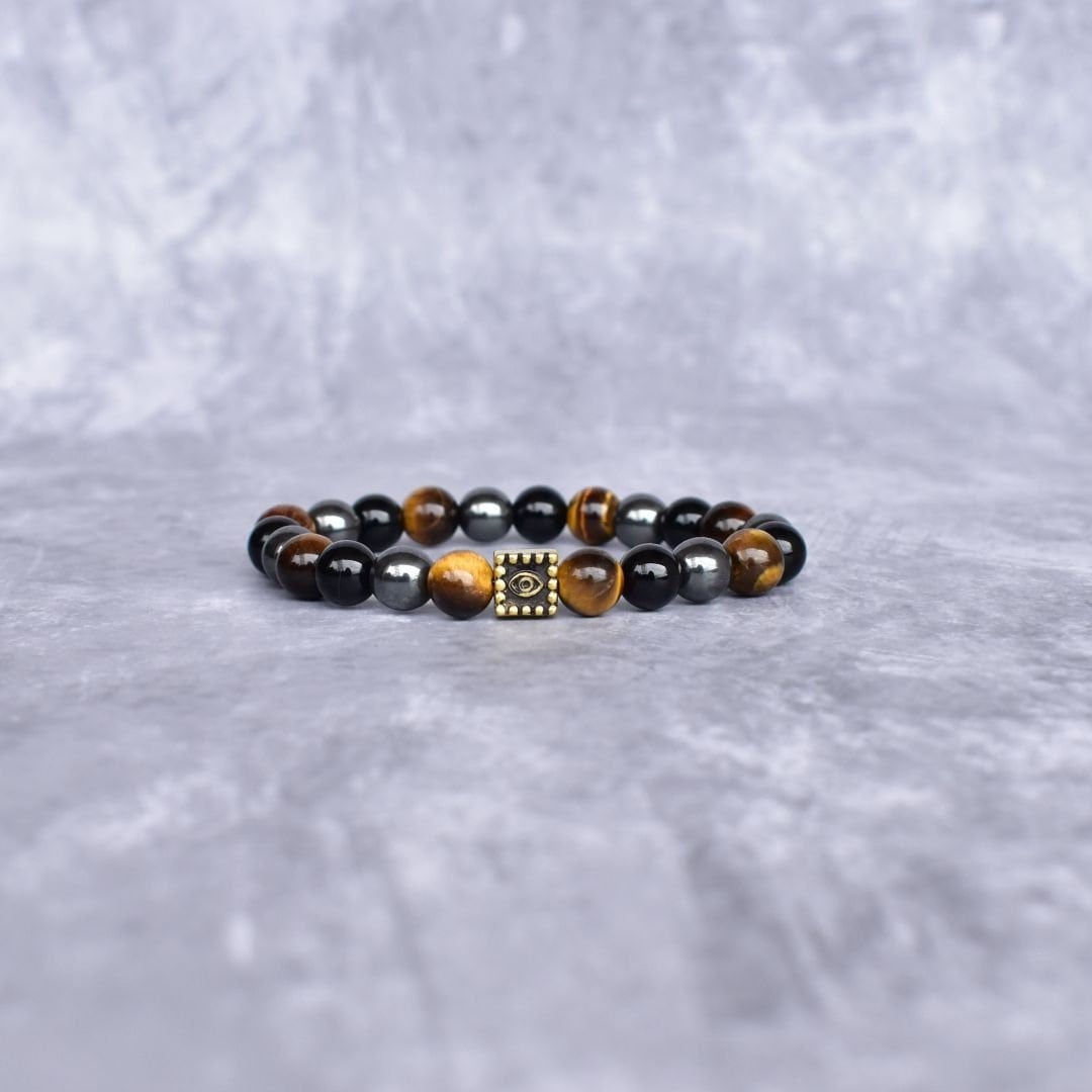 Unisex Dreifach Schutz Armband | Tigerauge, Hämatit, Schwarzer Onyx Mit Evil Eye Anhänger Stilvolle Und Einzigartige Alltagskleidung Lenken von KeetaLuxury