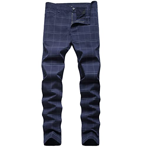 Keevoom Karierte Hose für Herren, Stretch, schmale Vorderseite, schmale Passform, Business-Kleid, Chino-Hose, Blau kariert, 58 von Keevoom