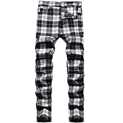 Keevoom Karierte Hose für Herren, Stretch, schmale Vorderseite, schmale Passform, Business-Kleid, Chino-Hose, Schwarz-Weiß-Plaid, 58 von Keevoom