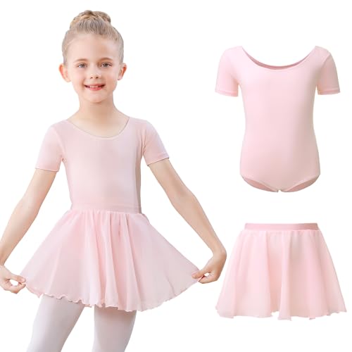 Kefiyis Ballettkleidung Mädchen Kurzarm Ballettkleid Baumwolle Balletttrikot Kinder Ballettanzug Ballettbody mit Chiffon Rock Tütü 3-11Jahre Rosa 140 von Kefiyis
