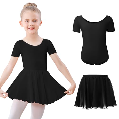 Kefiyis Ballettkleidung Mädchen Kurzarm Ballettkleid Baumwolle Balletttrikot Kinder Ballettanzug Ballettbody mit Chiffon Rock Tütü 3-11Jahre Schwarz 140 von Kefiyis