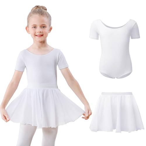 Kefiyis Ballettkleidung Mädchen Kurzarm Ballettkleid Baumwolle Balletttrikot Kinder Ballettanzug Ballettbody mit Chiffon Rock Tütü 3-11Jahre Weiß 130 von Kefiyis