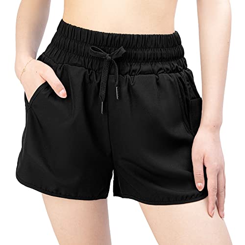 Kefiyis Badeshorts Damen Schnell Trocknend Badehose Damen UV Schutz Schwimmshorts Elastisch Hohe Taille Boardshorts mit Taschen Schwarz 2XL von Kefiyis