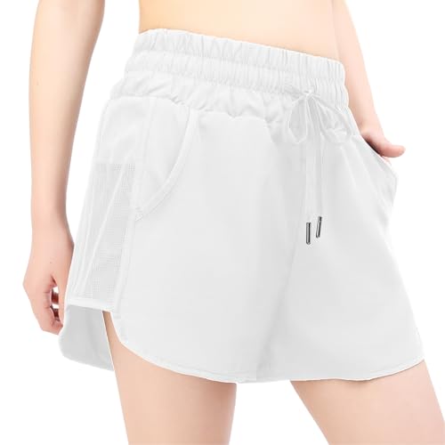Kefiyis Badeshorts Damen Schnell Trocknend Badehose Damen UV Schutz Schwimmshorts Elastisch Hohe Taille Boardshorts mit Taschen Weiß 2XL von Kefiyis
