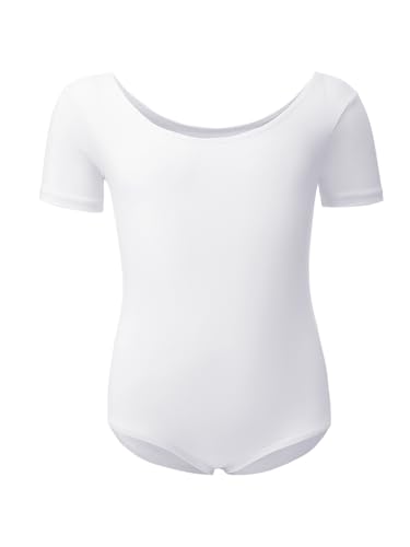 Kefiyis Ballettkleidung Mädchen Ballett Trikot Kinder Ballettanzug Kurzarm Ballett Body Tanzbody Baumwolle Turnanzug Gymnastikanzug für Mädchen Damen Gr.100-170 Weiß 140 von Kefiyis
