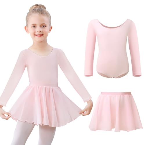 Kefiyis Ballettkleidung Mädchen Ballettkleid Langarm Ballettanzug Kinder Balletttrikot Tanzkleid Baumwolle Tanzbody mit Ballettrock Tütü Ballerina Kleid 3-11 Jahre Rosa 140 von Kefiyis