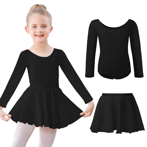 Kefiyis Ballettkleidung Mädchen Ballettkleid Langarm Ballettanzug Kinder Balletttrikot Tanzkleid Baumwolle Tanzbody mit Ballettrock Tütü Ballerina Kleid 3-11 Jahre Schwarz 130 von Kefiyis