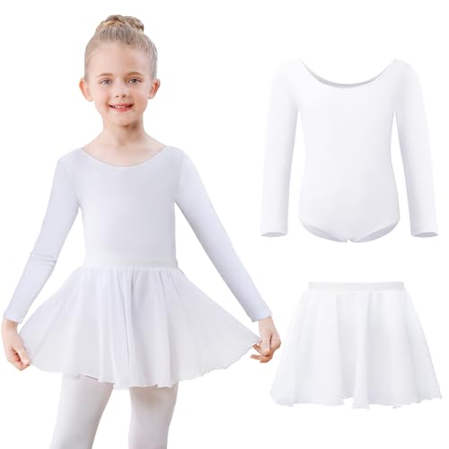 Kefiyis Ballettkleidung Mädchen Ballettkleid Langarm Ballettanzug Kinder Balletttrikot Tanzkleid Baumwolle Tanzbody mit Ballettrock Tütü Ballerina Kleid 3-11 Jahre Weiß 120 von Kefiyis