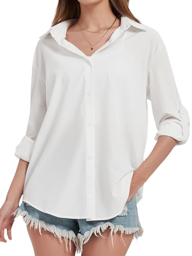 Kefiyis Hemdbluse Damen Lässiges Longbluse Langarm Hemd Damen Lockere Passform Einfarbig Button Bluse Weiß S von Kefiyis