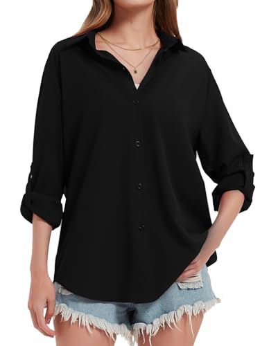 Kefiyis Hemdbluse Damen Lässiges Longbluse Langarm Hemd Damen Lockere Passform Einfarbig Button Bluse Schwarz XL von Kefiyis