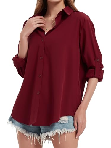 Kefiyis Hemdbluse Damen Lässiges Longbluse Langarm Hemd Damen Lockere Passform Einfarbig Button Bluse Weinrot XL von Kefiyis