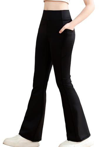 Kefiyis Schlaghose Mädchen Leggings mit 2 Taschen Sportleggings Mädchen Lang Hohe Taille Sporthose Flared Sport Leggings für Yoga Tanz Training Laufen Schwarz 160 von Kefiyis