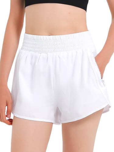 Kefiyis Sport Shorts Damen Sommer Laufshorts Damen 2 in 1 Kurze Sporthose High Waist Laufhose Schnelltrocknende Running Shorts Trainingshose mit Tasche Weiß M von Kefiyis