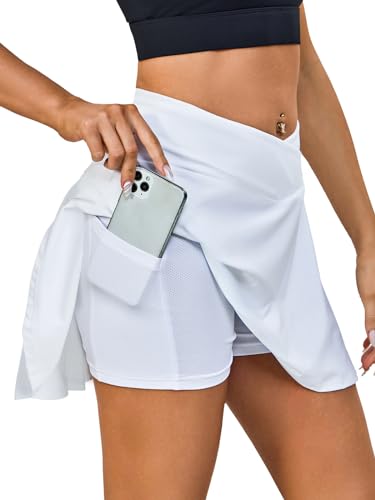 Kefiyis Tennisrock Damen Hohe Taille Sportrock mit Hose Plissiert Golfrock Hosenrock mit Taschen Sommer Outdoor Workout Laufen Radfahren Skirt Weiß S von Kefiyis