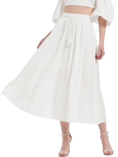 Kefiys Rock Damen Sommer mit Taschen Lang Röcke mit Gummizug Sommerrock mit Kordelzug Einfarbig Casual Hochzeit Cocktail Midi Skirt Weiß L von Kefiyis