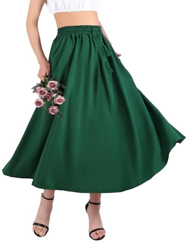 Kefiys Rock Damen Sommer mit Taschen Lang Röcke mit Gummizug Sommerrock mit Kordelzug Einfarbig Casual Hochzeit Cocktail Midi Skirt Grün M von Kefiyis