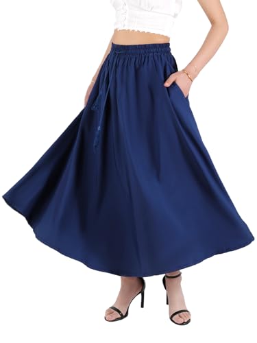 Kefiys Rock Damen Sommer mit Taschen Lang Röcke mit Gummizug Sommerrock mit Kordelzug Einfarbig Casual Hochzeit Cocktail Midi Skirt Navy Blau M von Kefiyis