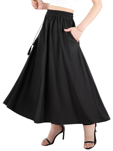 Kefiys Rock Damen Sommer mit Taschen Lang Röcke mit Gummizug Sommerrock mit Kordelzug Einfarbig Casual Hochzeit Cocktail Midi Skirt Schwarz M von Kefiyis