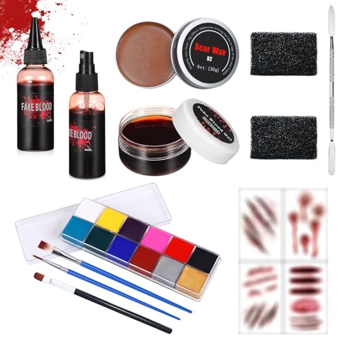 Halloween Schminke Set, Halloween Make up Set mit Narbenwachs, Kunstblut Spray & Dropper, 12 Farbige Bodypainting Farben, Creme Fake Blut, Ideal für Zombi & Vampir Kostüme, Horror Effekte Halloween Schminke Set, Halloween Make up Set mit Narbenwachs, Kunstblut Spray & Dropper, 12 Farbige Bodypainting Farben, Creme Fake Blut, Ideal für Zombi & Vampir Kostüme, Horror Effekte von Kefyvbdj