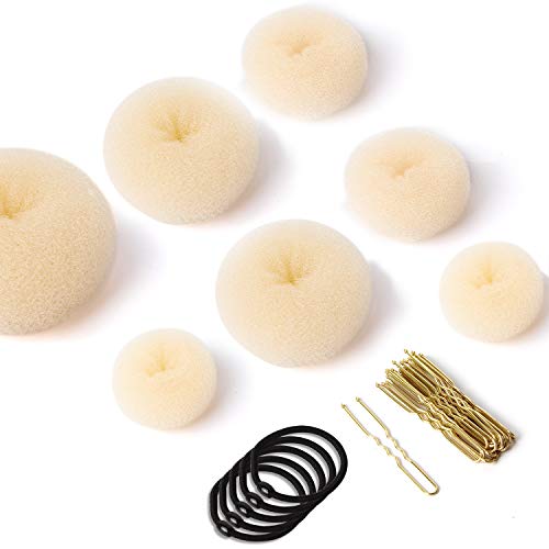 Donut Hair Bun Maker Set 7 Stück - Frisurenhilfe Set mit 5 elastischen Haarband, 20 U-Form Haarspange Haarnadel, Haarknoten Former Set für Kinder Mädchen Frauen (Beige) von Keiby Citom