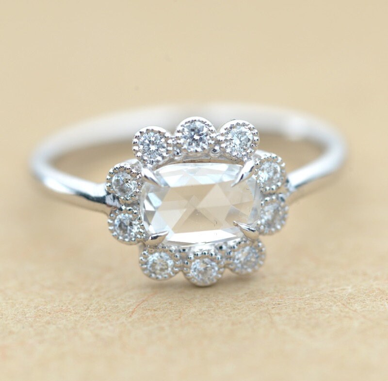 14 K Weißgold Rose Geschnitten Oval Diamant Verlobungsring, Vintage Suchen 14 K Weißgold Rose Geschnitten Oval Diamant Verlobungsring, Vintage Suchen von KeilaJewelry