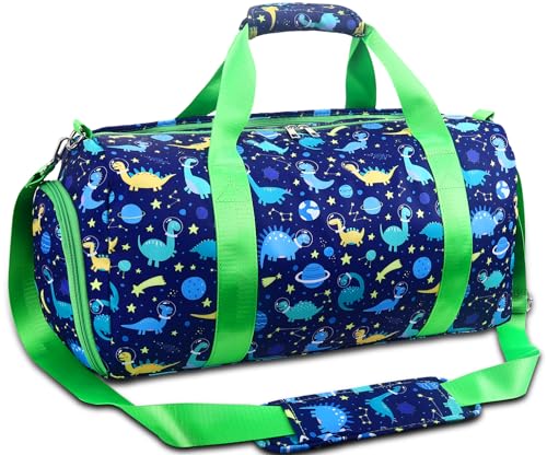 Duffle Bag für Mädchen, Sport, Turnbeutel, Gymnastik, Tanztasche, Reisetasche, Übernachtungstasche, Übernachtungstasche mit Schuhfach und Nassfach, Teenager, Wochenend-Tragetasche, Dinosaurier Blau, von Kejea