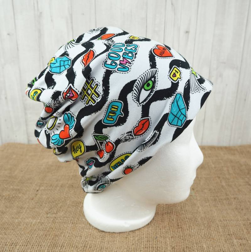 Beanie Jersey Mädchen, Bunte Coole Aus Jersey, Schwarz Weiß Mit Bunten Patches, Türkis, Größe Ca. 48 Bis 54 cm Kopfumfang von Kekero