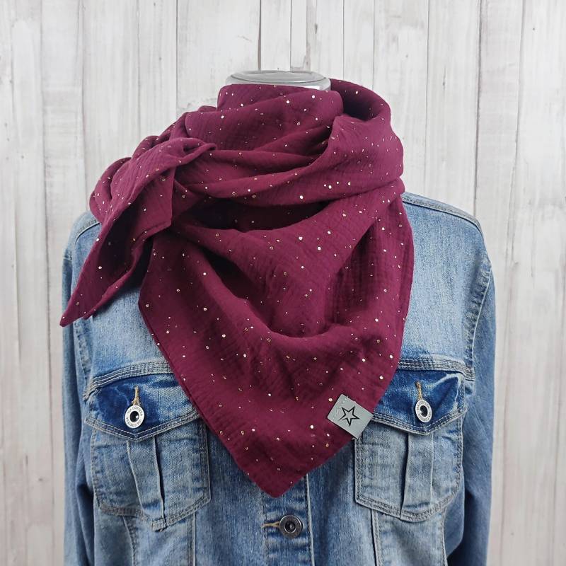 Kleineres Dreieckstuch Aus Musselin in Bordeaux Mit Goldfarbenen Punkten, Für Damen Und Große Mädchen von Kekero