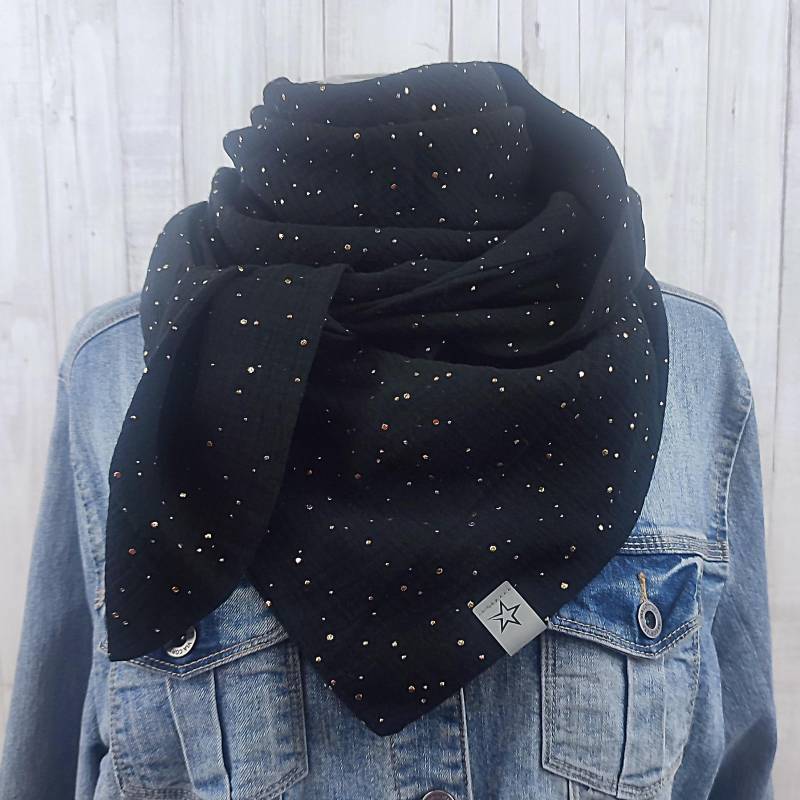 Kleineres Dreieckstuch Aus Musselin in Schwarz Mit Goldfarbenen Punkten, Für Damen Und Große Mädchen von Kekero