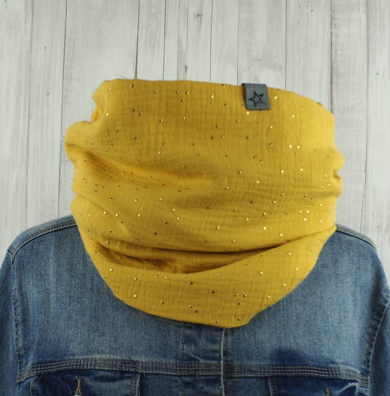 Loop Musselin Damen, Loopschal Senfgelb Mit Punkten in Gold von Kekero