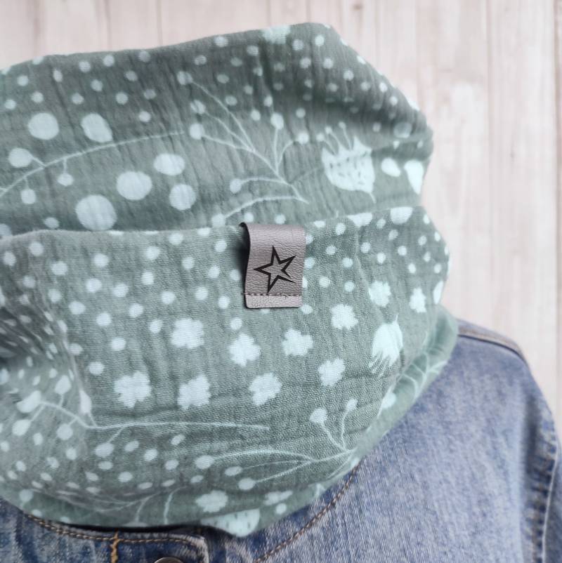 Loop Musselin Damen, Loopschal in Salbei, Gemustert Mit Tulpen Und Punkten Mint von Kekero