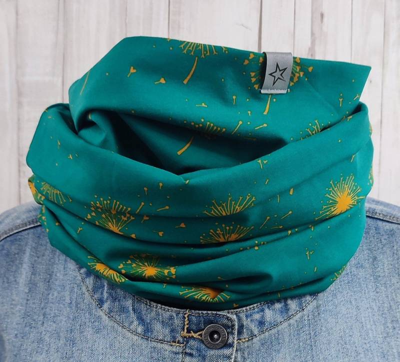 Loop Schlauschal Petrol Mit Pusteblumen in Gelb, Schal Für Damen Aus Jersey Loop Schlauschal Petrol Mit Pusteblumen in Gelb, Schal Für Damen Aus Jersey von Kekero