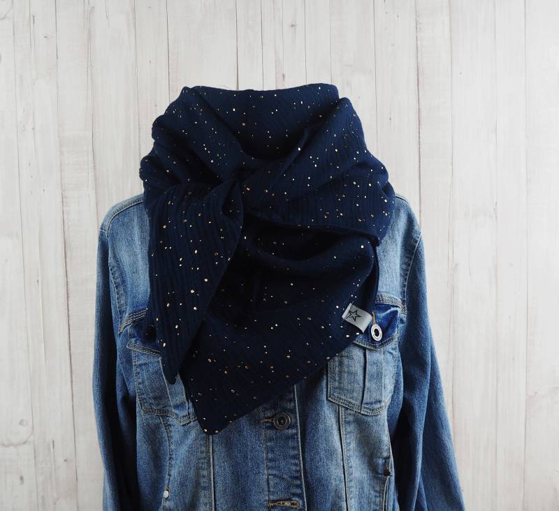 Tuch Dreieckstuch Musselin Damen, Schal Dunkelblau Mit Goldenen Punkten, Xxl Aus Baumwolle, Mamatuch von Kekero