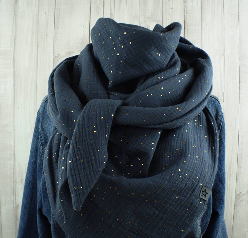 Tuch Dreieckstuch Musselin Damen, Schal Dunkelgrau Mit Goldenen Punkten, Xxl Aus Baumwolle, Mamatuch von Kekero