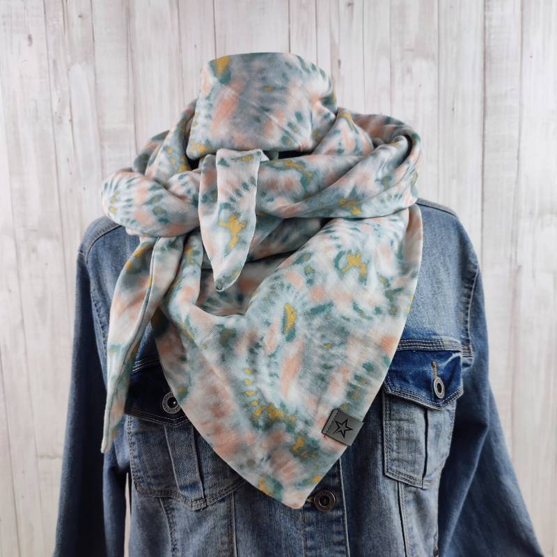 Tuch Dreieckstuch Musselin Damen, Schal Mehrfarbiges Batikmuster, Salbei Senf Beige, Xxl Aus Baumwolle, Mamatuch von Kekero