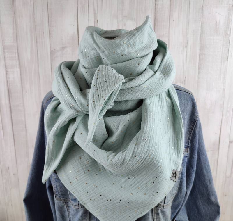Tuch Dreieckstuch Musselin Damen, Schal in Zartem Mint Mit Goldenen Punkten, Xxl Aus Baumwolle, Mamatuch von Kekero