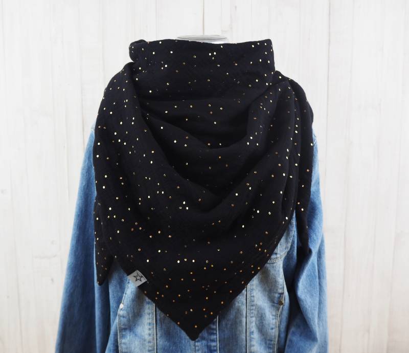 Tuch Dreieckstuch Musselin Schwarz Mit Tupfen in Gold, Schal Für Damen, Xxl Aus Baumwolle, Mamatuch von Kekero