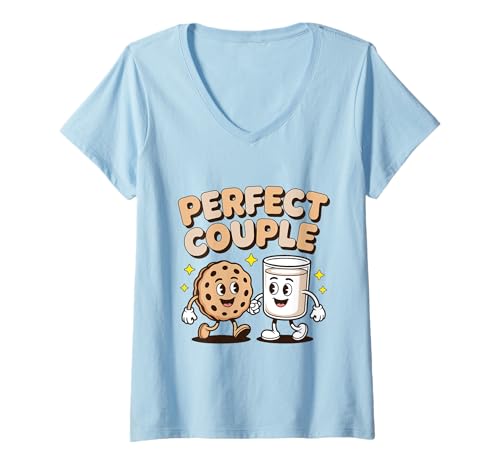 Damen Perfect Couple Kekse Milch Cartoon Liebe T-Shirt mit V-Ausschnitt Damen Perfect Couple Kekse Milch Cartoon Liebe T-Shirt mit V-Ausschnitt von Kekse Milch Lustig Paar Liebe Freude Designs