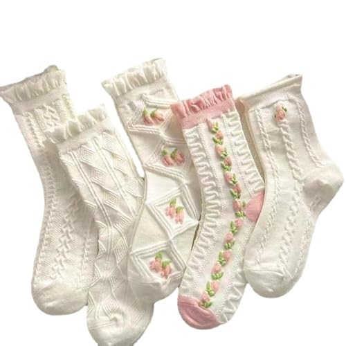 5 Paar süße weiße Rüschen-Knöchelsocken – Damen Cottagecore Floral Crew Socken aus japanischer ästhetischer Baumwolle, Weiss/opulenter Garten, Einheitsgröße von Kelabia