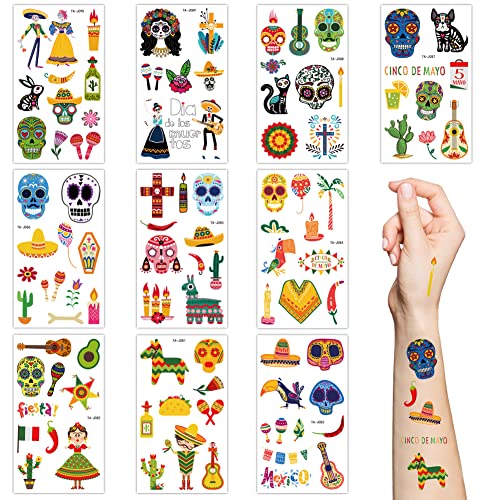 Temporäre Halloween-Tattoos für Kinder, 10 Blatt Leuchtet im Dunkeln Mexikanische Fiesta-Aufkleber Zuckerschädel Skelett Kaktus Leuchtendes Tattoo für Mädchen Jungen Halloween Partyzubehör von Kelamayi