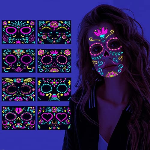 Temporäre Tattoos, 8 Blatt Leuchtet im Dunkeln Tag der Toten Gesichtstattoo-Aufkleber Mexikanische Fiesta Falscher Tattoo-Aufkleber für Halloween Cinco de Mayo Party Gesichtsdekoration Temporäre Tattoos, 8 Blatt Leuchtet im Dunkeln Tag der Toten Gesichtstattoo-Aufkleber Mexikanische Fiesta Falscher Tattoo-Aufkleber für Halloween Cinco de Mayo Party Gesichtsdekoration von Kelamayi