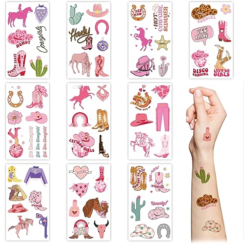 Temporäre Tattoos im Western-Cowgirl-Stil, 10 Blatt, Wild-West-Rosa, Disco, Cowgirl, Kaktus, Pferd, Kuh, wasserfest, Fake-Tattoo-Aufkleber für Kinder, Mädchen, Geburtstagsgeschenke, Partyzubehör von Kelamayi