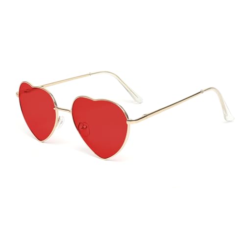 Kelens Herz Sonnenbrille Herren Polarisierte Metallrahmen,Damen Festival Zubehör Sonnenbrille Herz, Uv Schutz Brille Herzform FüR Festival, Party (Rot Lens) von Kelens