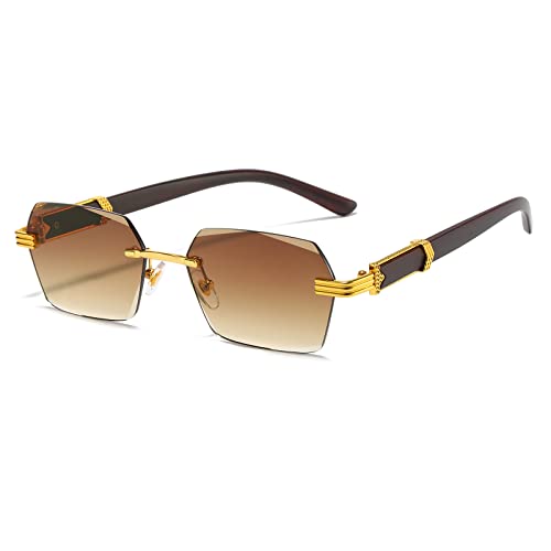 Kelens sonnenbrille damen vintage rahmenlose sonnenbrille männer rechteckig sonnenbrille Retro Polygonale Gläser Metallrahmen Brillen für Frauen Männer, braun von Kelens