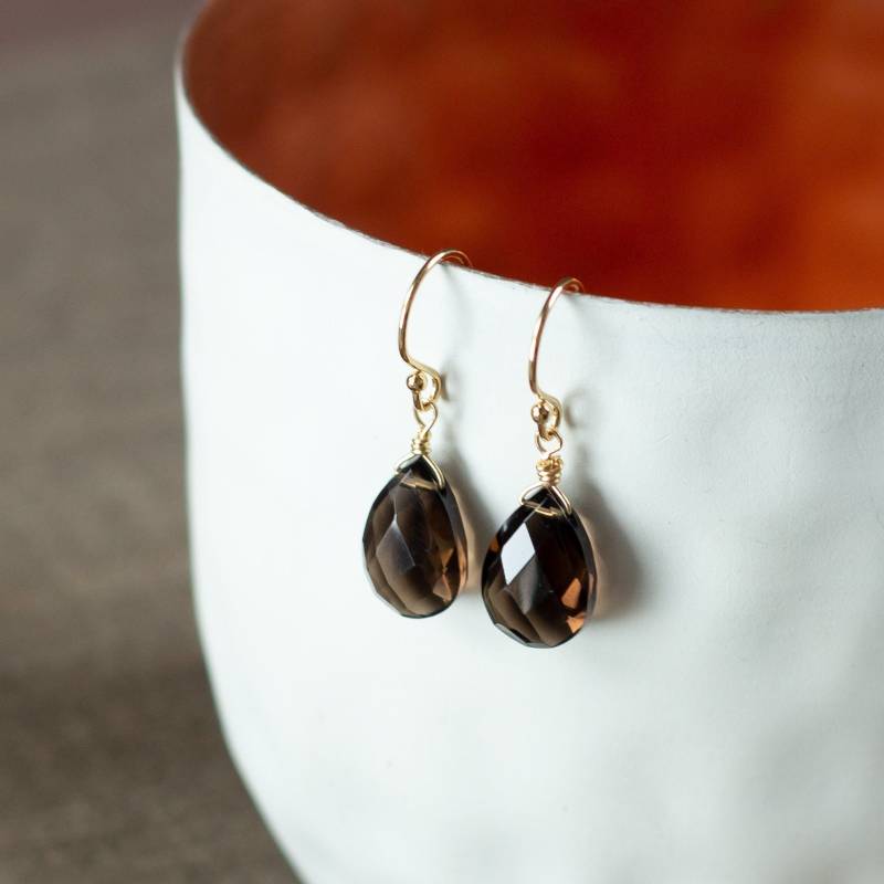 Hängende Ohrringe Rauchquarz Ohrhänger Tropfen Edelstein Goldohrringe Geschenk Frauen Elegant Hängeohrringe Geburtsstein Dezember Freundin von KelilaJewelry