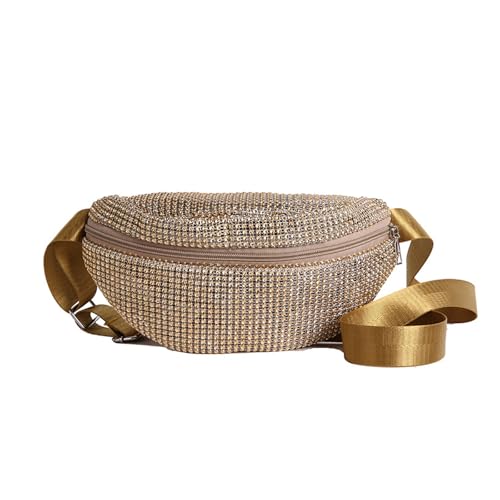 Einzigartige Damen-Hüfttasche mit Strassverzierung, Schultertasche, Umhängetasche, sicherer Reißverschluss, Design für Einkaufen oder Reisen, Strass-Kette, Hüfttasche, gold, Mass Beauty von Kelisdi
