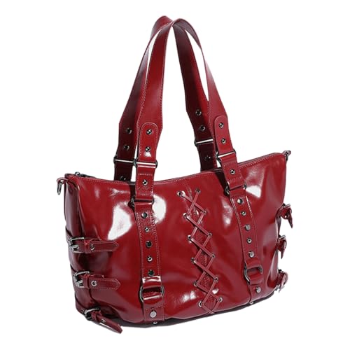 Kelisdi Modische Motorrad-/Punk-Nieten, große Kapazität, PU-Leder, Schultertasche, Kreuzbandage, Krawatten, Unterarmtasche, Handtasche, Geldbörse, lässige Unterarmtasche, rot, One Size Kelisdi Modische Motorrad-/Punk-Nieten, große Kapazität, PU-Leder, Schultertasche, Kreuzbandage, Krawatten, Unterarmtasche, Handtasche, Geldbörse, lässige Unterarmtasche, rot, One Size von Kelisdi